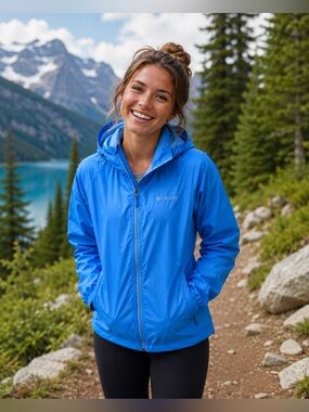Columbia Blue Hooded Windbreaker Jacket women's large
